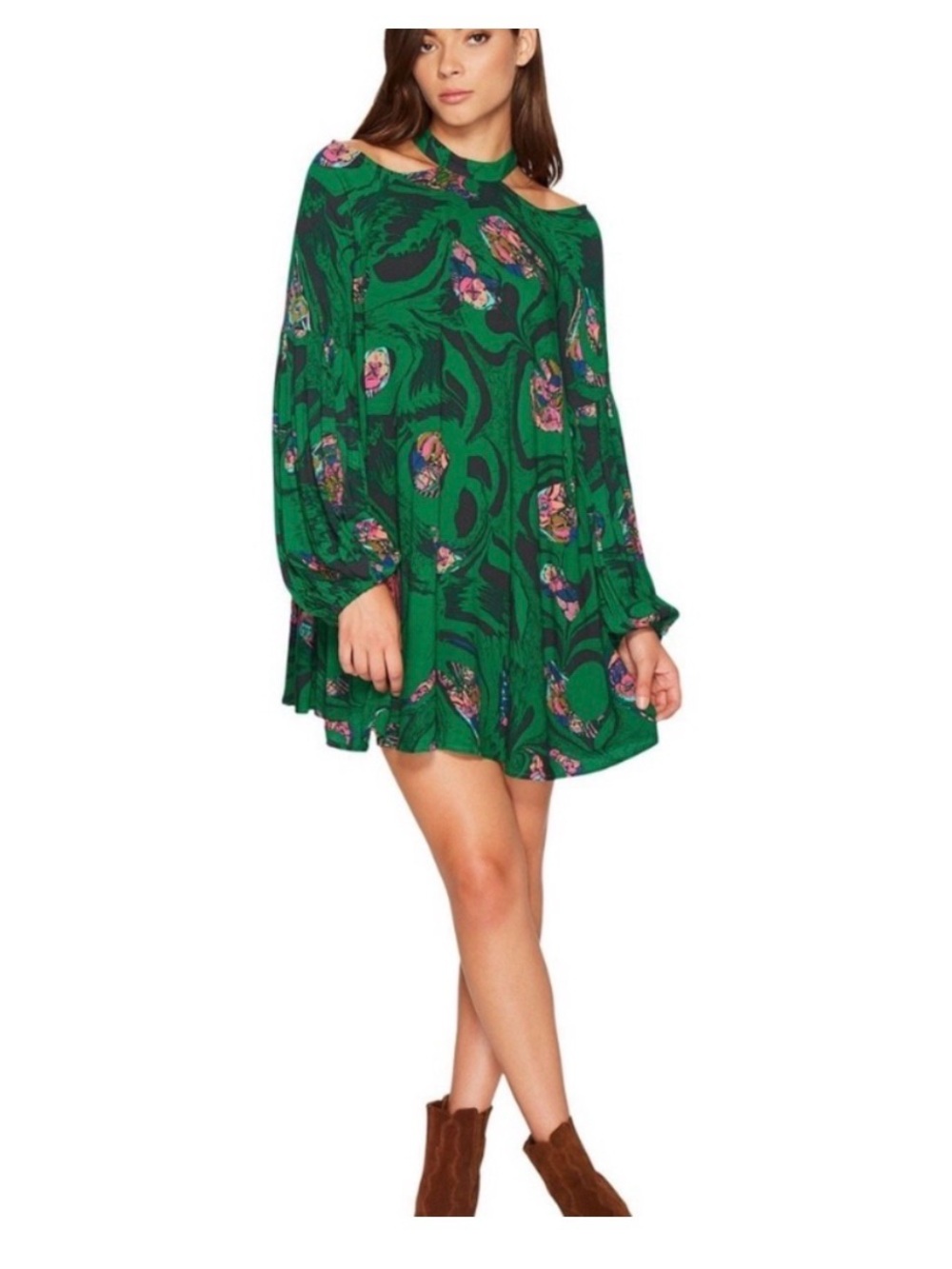 Free People Emerald Green Floral Mini Dress